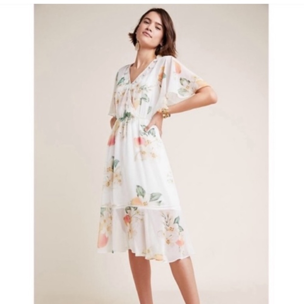 FARM RIO X ANTHROPOLOGIE Eloise Dress White with Peach design- Sheer MEDIUM